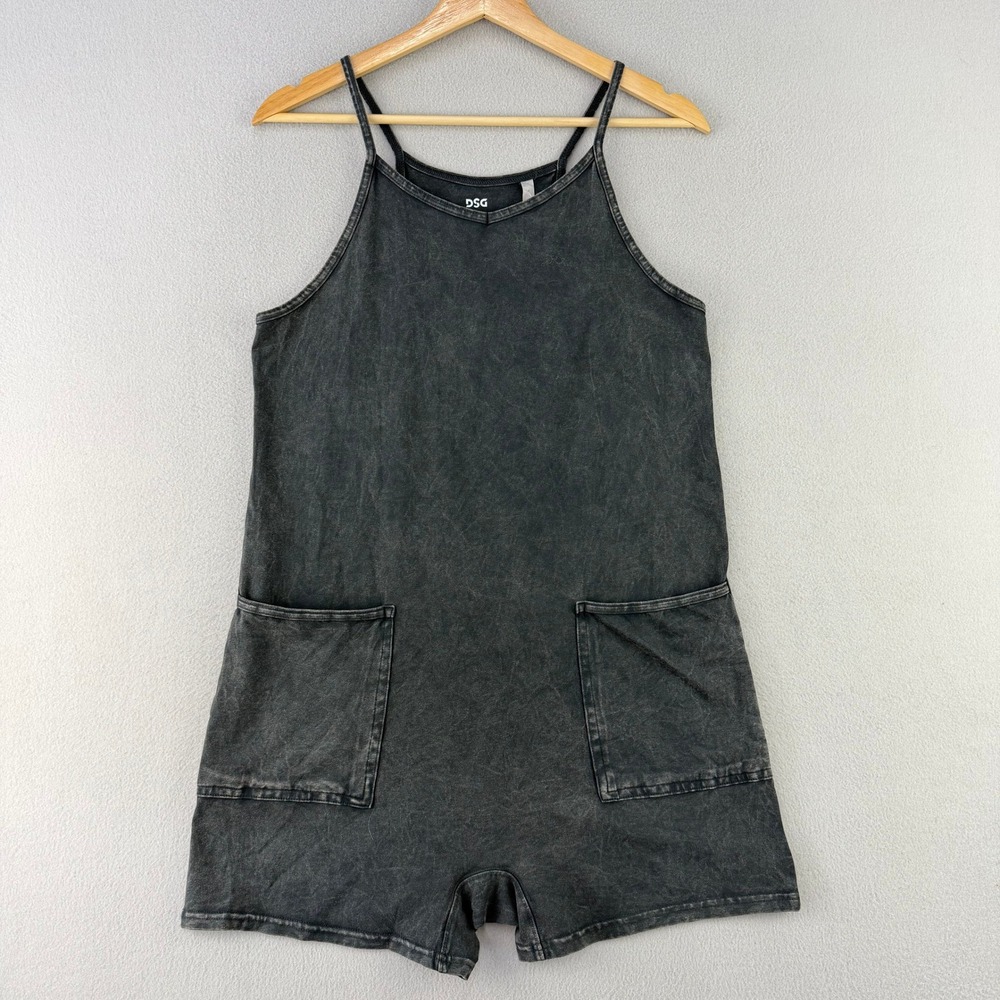 DSG Athleisure Romper Hot Shot Girls XL Black Acid Wash Pockets Shorts NWT